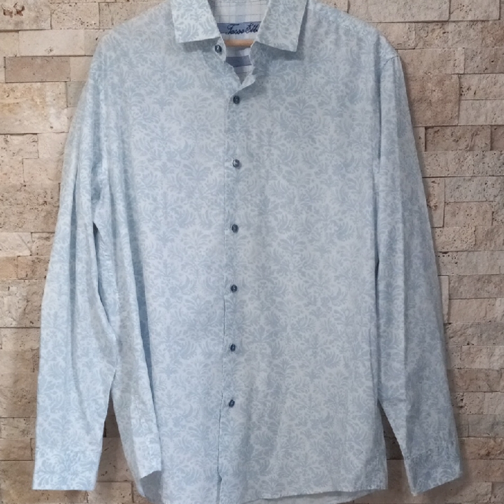 Tosso Elba Men's Button Down Shirt Paisley Pattern Ligt Blue Size L